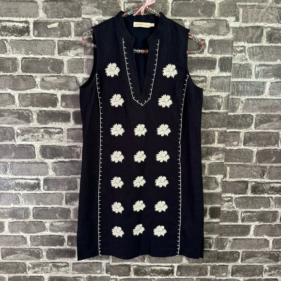 Tory Burch Embroidered Beach Dress with Pockets Navy Blue White Floral Linen - Picture 2 of 8